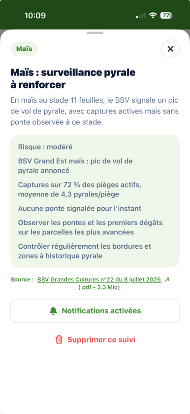 Détail d'une alerte BSV dans Agriscan : surveillance par culture, zone, niveau de risque et source du bulletin