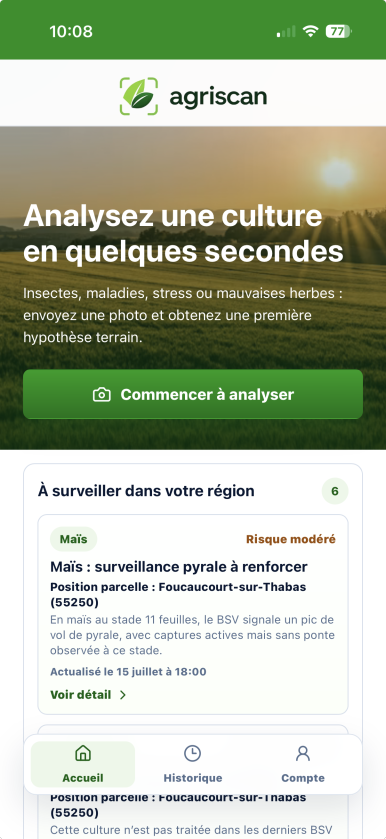 Écran d'accueil Agriscan : lancement d'une analyse photo et alertes à surveiller dans votre région